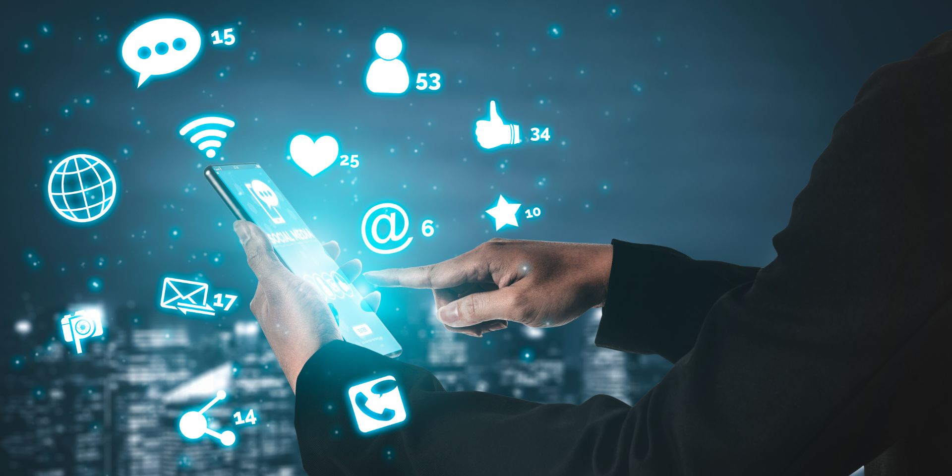 A man taps his smartphone's screen with illuminated social media icons shown in the air.